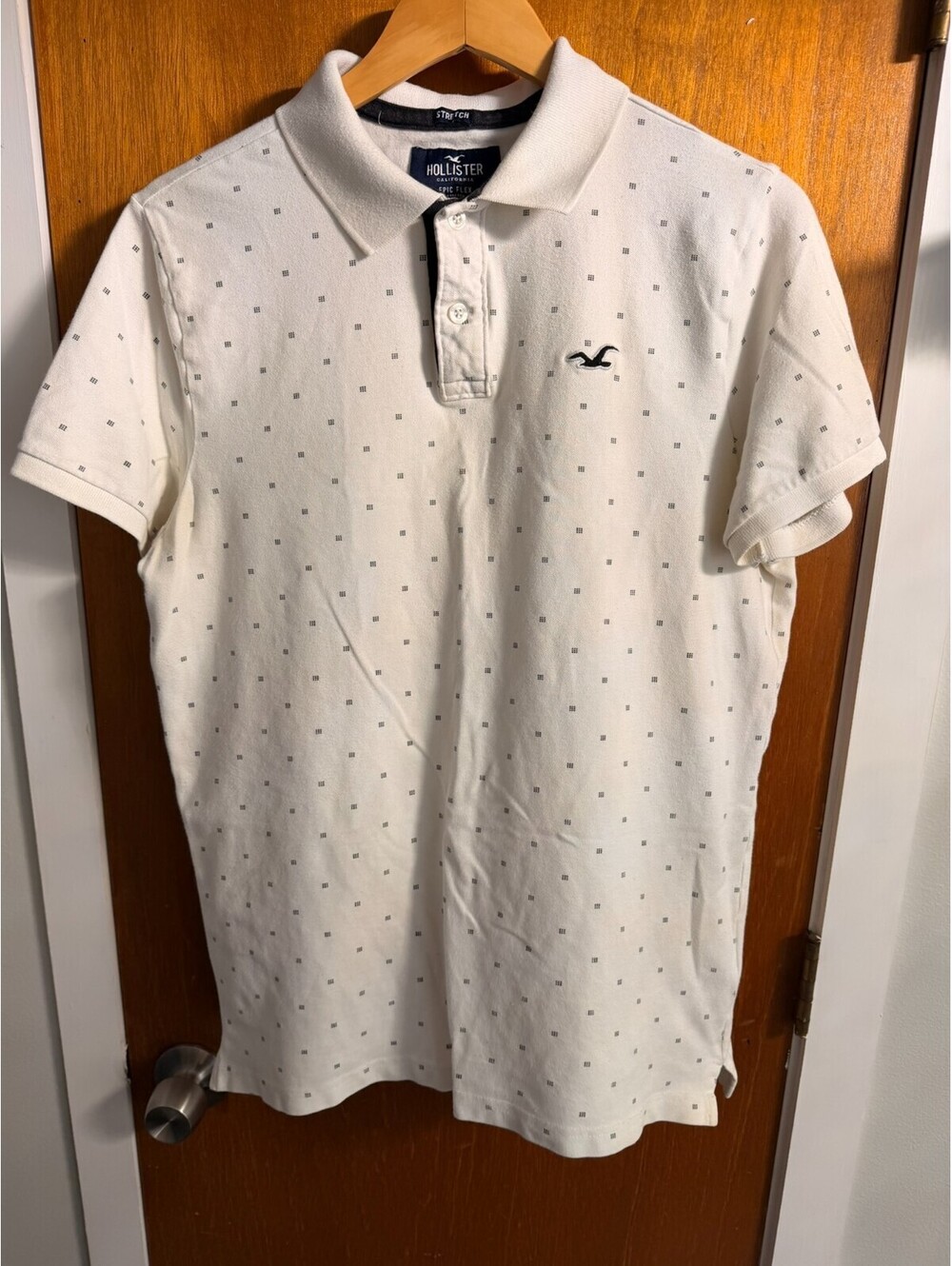 Y2K HOLLISTER Epic Flex Stretch Mens White and Navy Polo Shirt w/ Logo Size L